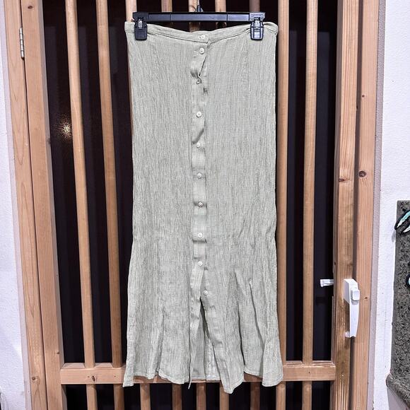 Vintage Eddie Bauer Maxi Skirt 12 Sage Green White Button Front Striped - Picture 1 of 7